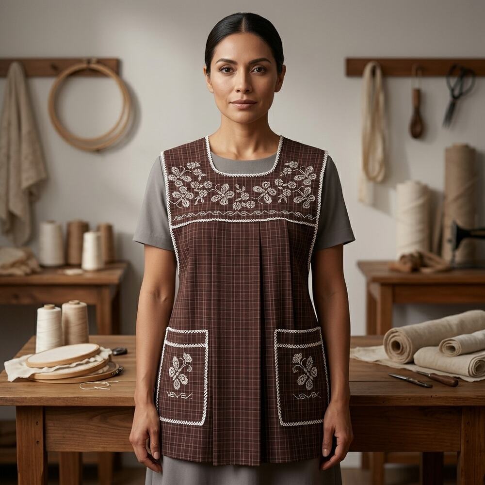 Traditional Mexican Cross-Stitch Embroidered Apron – Deluxe Artisan Smock Style